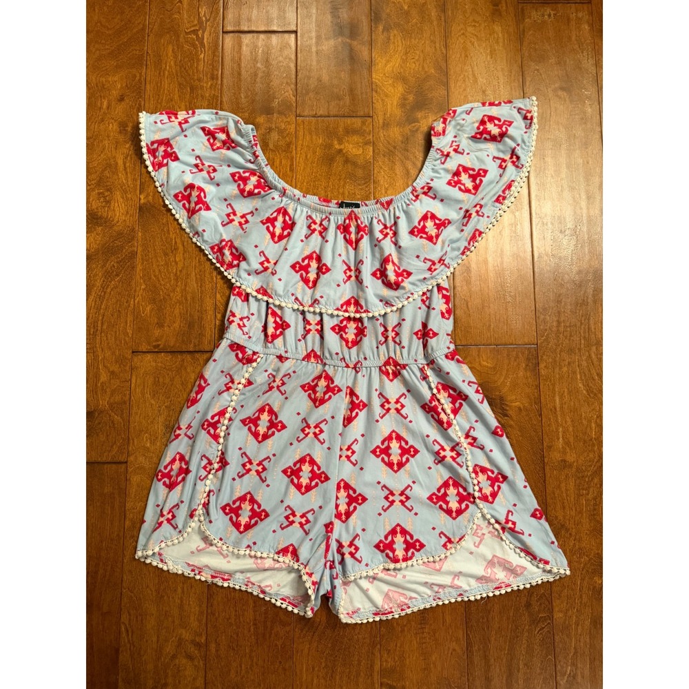 Justify Romper Womens XL Blue Red Tribal Print Pom Pom Trim Boho Summer